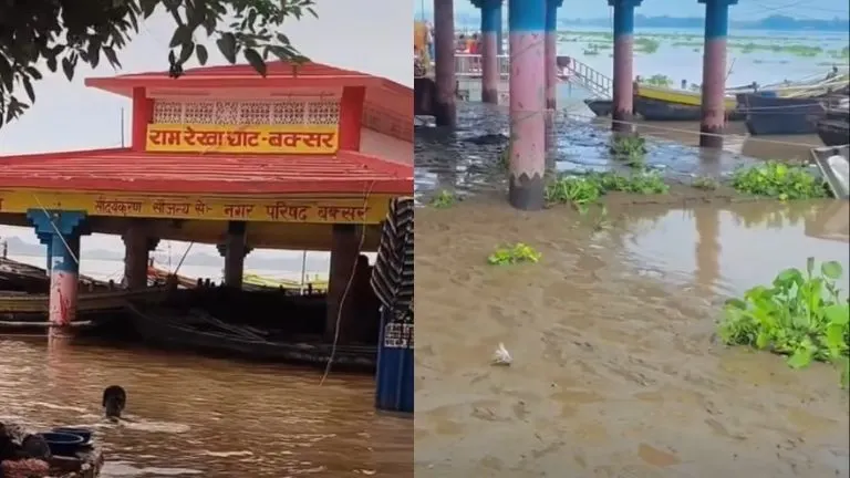 Silt-covered stairs at Buxar Ganga Ghat during monsoon
