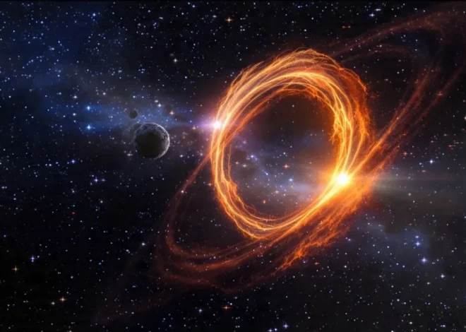 Mysterious glowing Ring of Fire in space, sparkling dust and ice particles orbiting a small icy celestial body