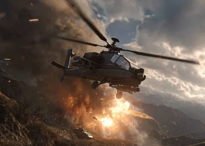 Ultra realistic battlefield scene showing Indian Prachand attack helicopter launching anti-tank Dhruvastra Missile