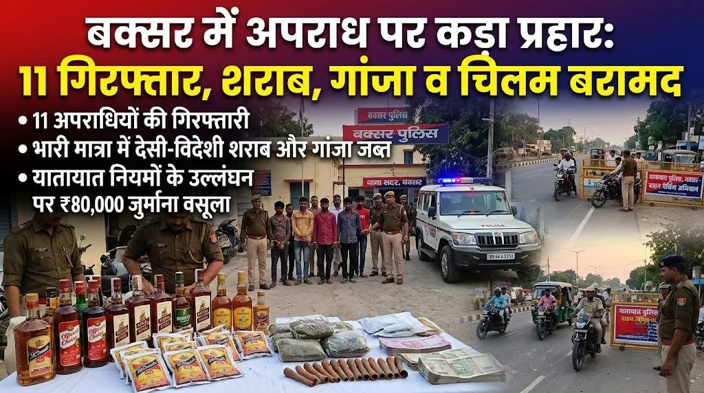 बक्सर में पुलिस का बड़ा अभियान, 11 गिरफ्तार; शराब और गांजा समेत 30,890 रुपये नकद बरामद