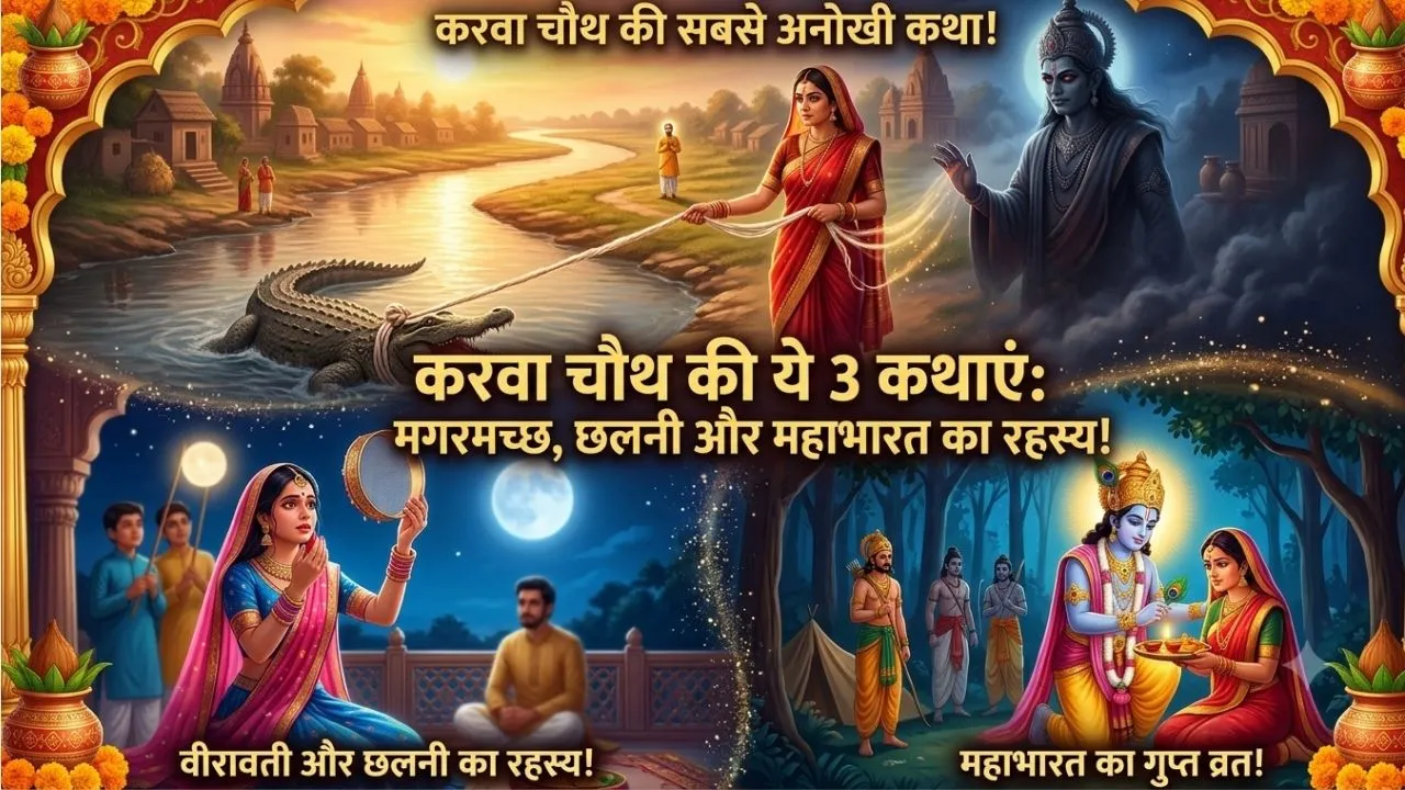 करवा चौथ व्रत कथा 2026: क्या सच में सूत के धागे से बंध गए थे मगरमच्छ? जानें करवा माता, वीरावती और द्रौपदी की अद्भुत कहानियां