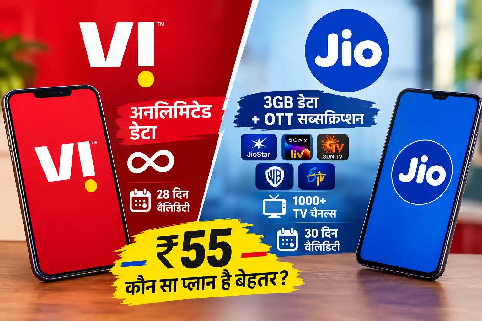 Vi vs Jio: सिर्फ ₹55 में कौन दे रहा ज्यादा फायदा? एक में अनलिमिटेड डेटा, दूसरे में 1000+ TV चैनल
